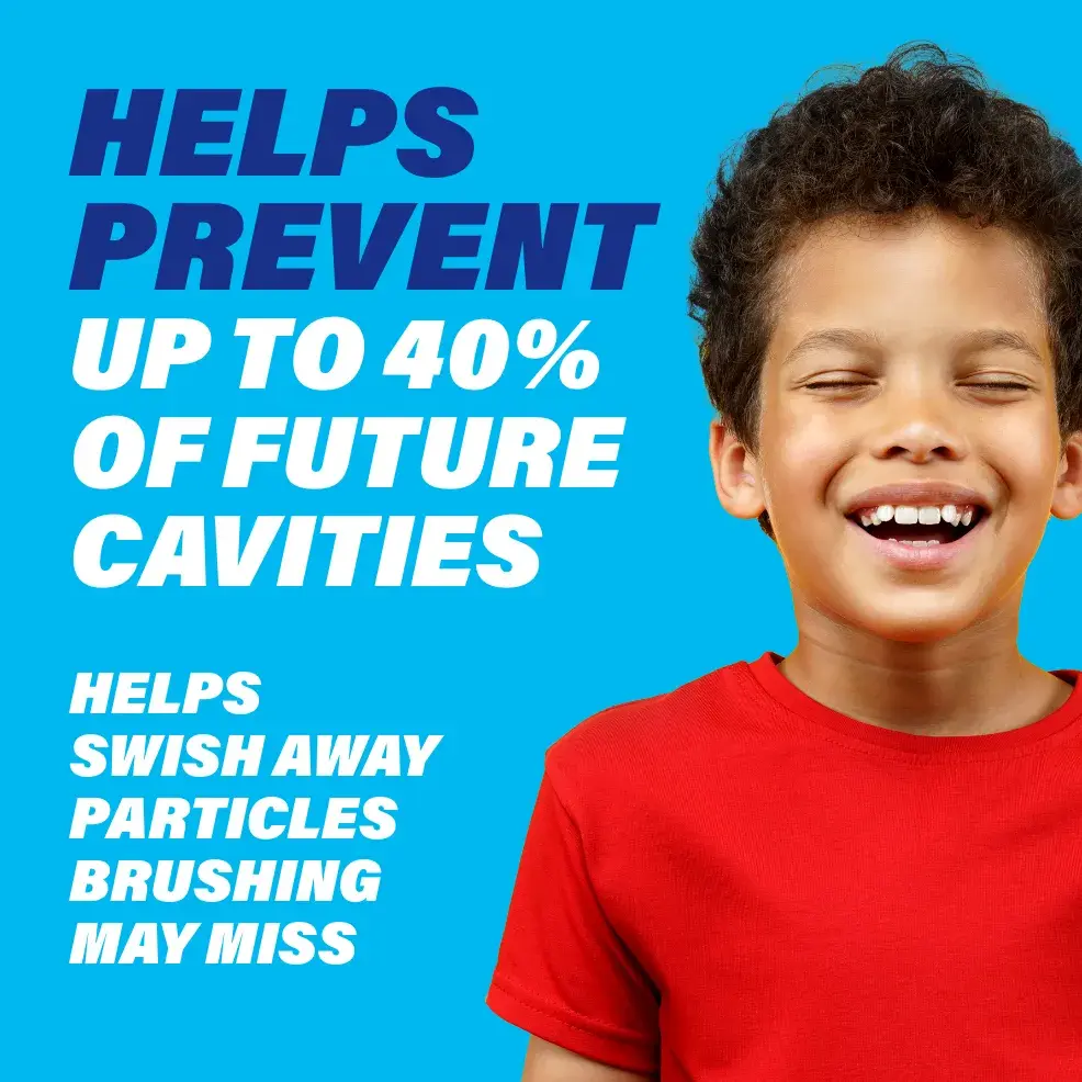 Packaging of ACT® Kids Pure Protect Mouthwash bottle and benefit statements.
