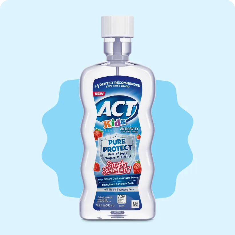 Packaging of ACT® Kids Pure Protect Mouthwash bottle and benefit statements.