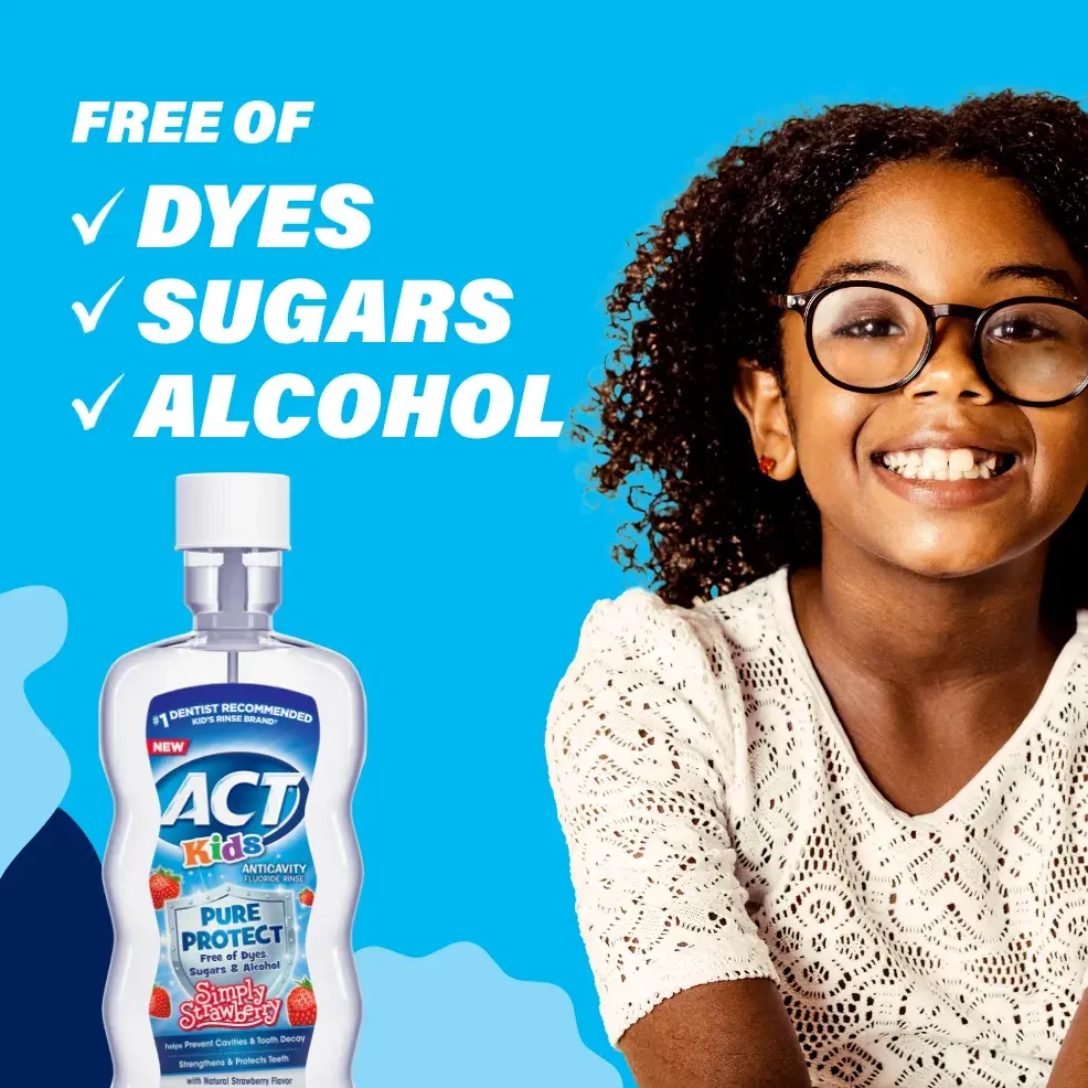 Packaging of ACT® Kids Pure Protect Mouthwash bottle and benefit statements.