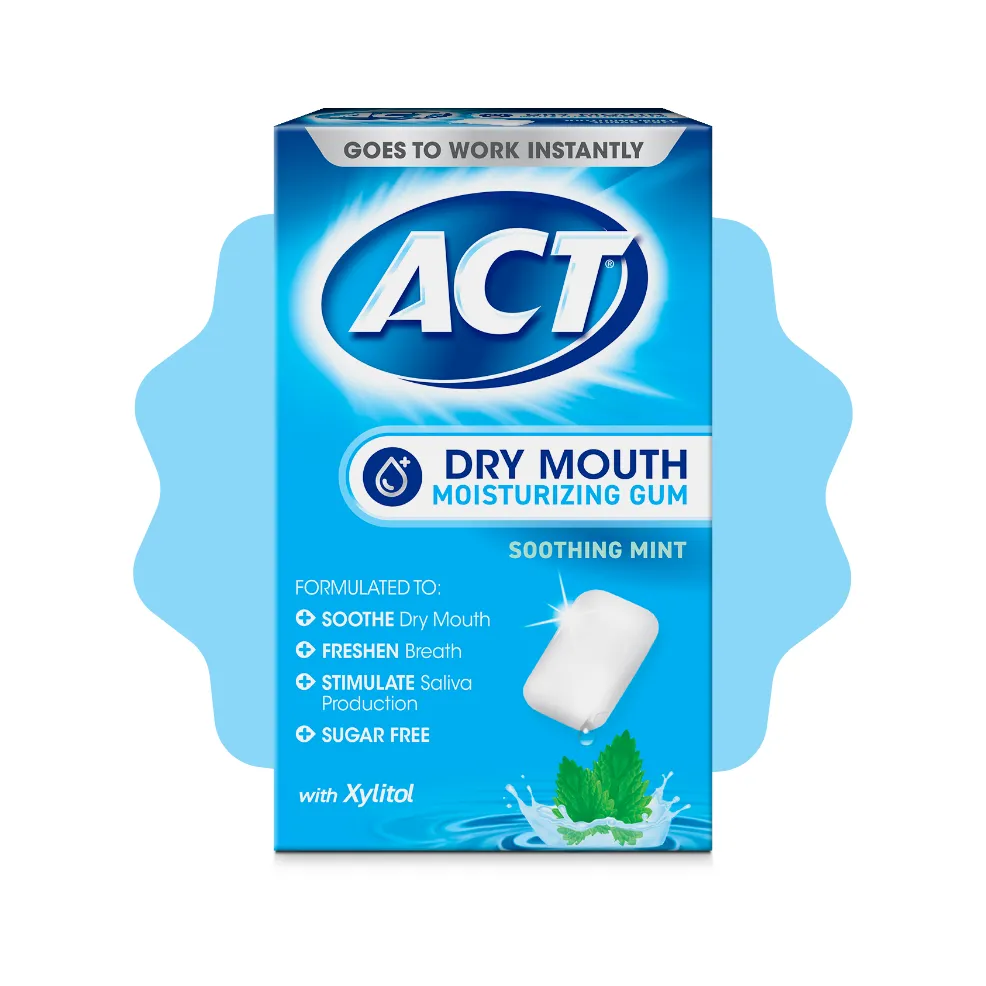 Packaging of ACT® Dry Mouth Gum and benefit statements.