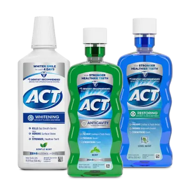 Front of packaging of three best-selling Adult Oral Care products from ACT® including: Whitening Mouthwash, Anticavity Mouthwash and Restoring Mouthwash