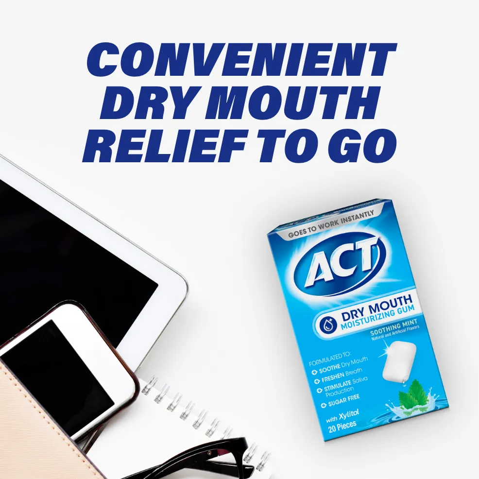 Packaging of ACT® Dry Mouth Gum and benefit statements.
