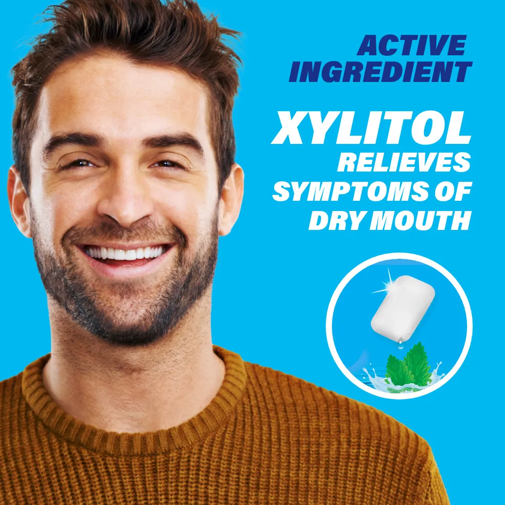 Packaging of ACT® Dry Mouth Gum and benefit statements.