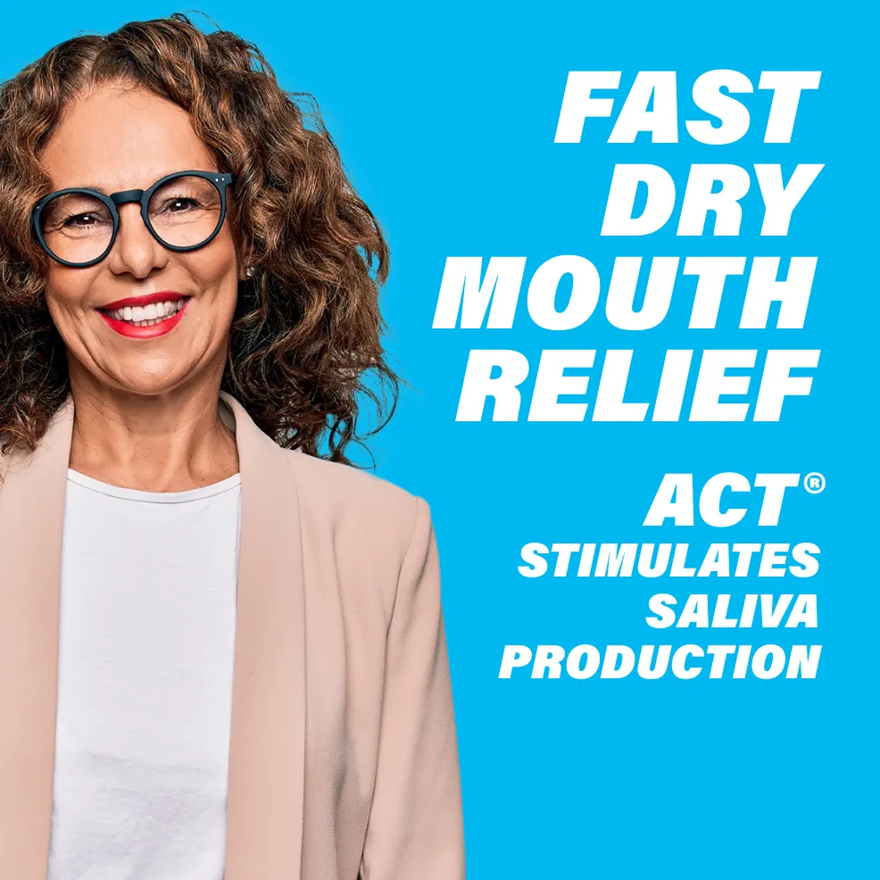 Packaging of ACT® Dry Mouth Gum and benefit statements.