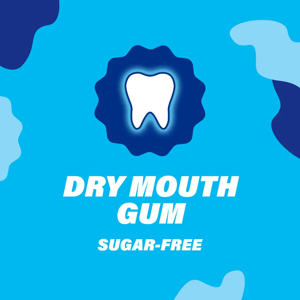 Packaging of ACT® Dry Mouth Gum and benefit statements.