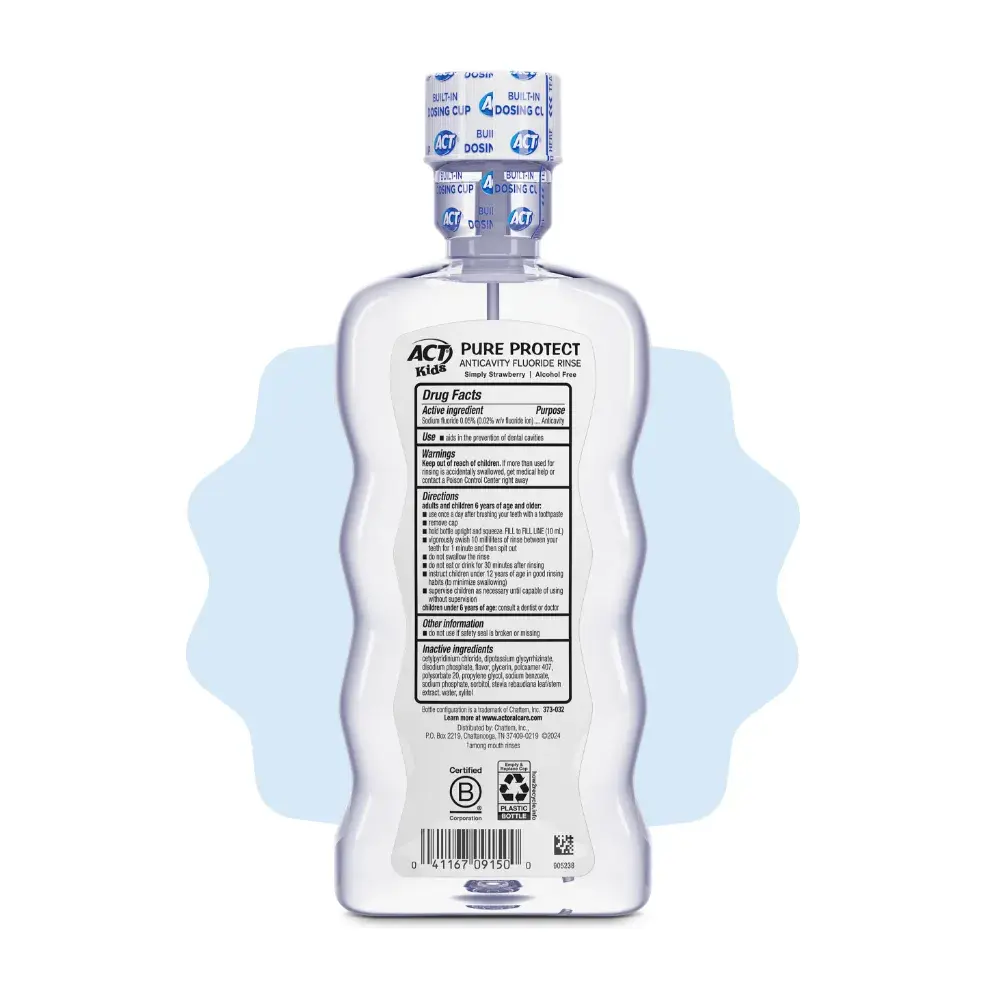 Packaging of ACT® Kids Pure Protect Mouthwash bottle and benefit statements.