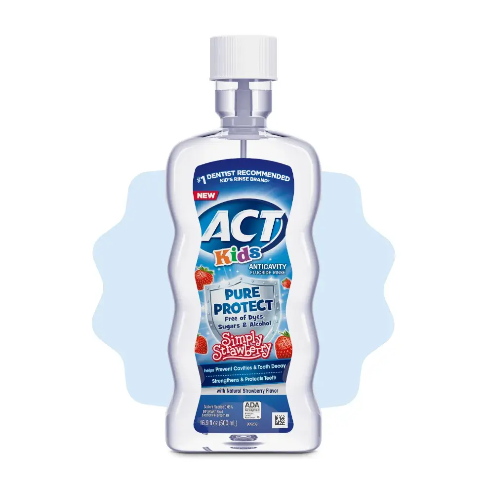 Packaging of ACT® Kids Pure Protect Mouthwash bottle and benefit statements.