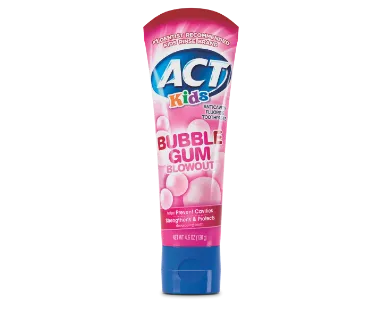 Front of ACT® Kids Toothpaste tube in Bubblegum flavor with instructions to swipe for instructions on how to recycle the tube